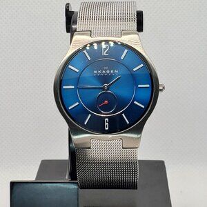 Skagen unisex watch, blue dial, small red seconds, mesh bracelet